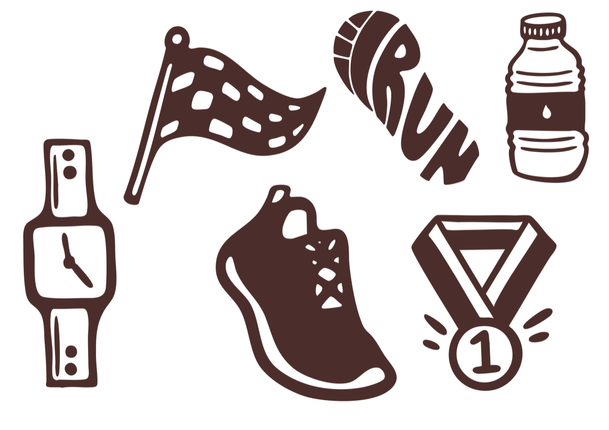 Hand-drawn running doodles, trainers, a stopwatch, a finish flag and a medal